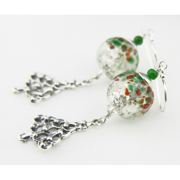 Handmade red green Christmas earrings with lampwork sterling tree tsavorite