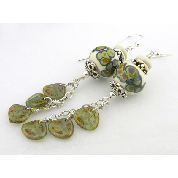 Handmade earrings green white etched lampwork ivoryite Czech petals sterling