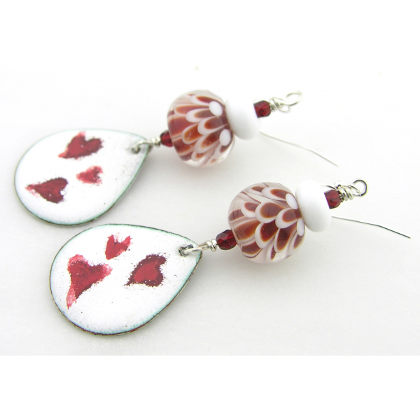 Red hearts on white enamel on copper, lampwork dahlia earrings sterling