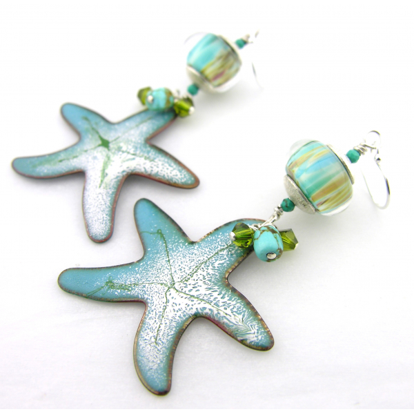 turquoise white green enamel on copper starfish, lampwork turquoise earrings