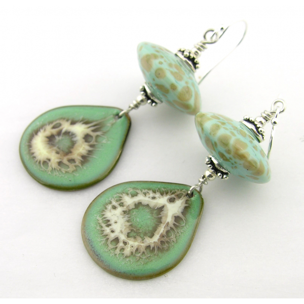 Artisan made light green, ivory enamel on copper lampwork earrings sterling