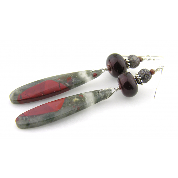 Handmade red, gray, black earrings with lampwork, african bloodstone, sterling