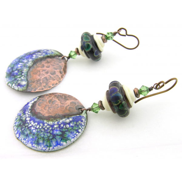 Artisan made blue green white organic enamel on copper earrings lampwork niobium