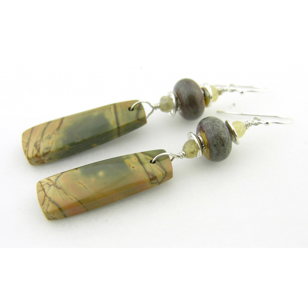 Handmade yellow gray earrings with lampwork, red creek jasper, citrine, sterling