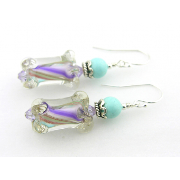 Handmade turquoise, purple, white earrings with artisan furnace glass, sterling