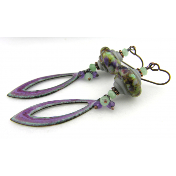 Green, purple enamel on copper, lampwork, amethyst, jade earrings copper