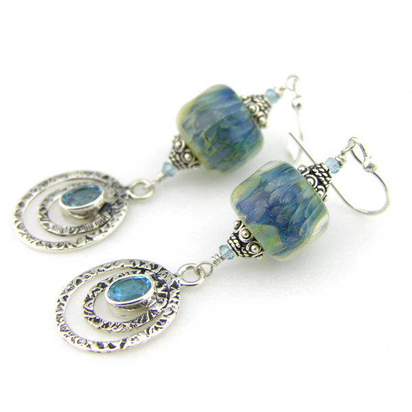Teal, aqua, green earrings with lampwork glass, blue topaz sterling silver