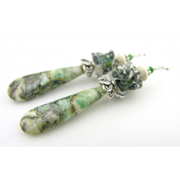 California Dreaming Earrings with mariposite, artisan lampwork, tsavorite, green