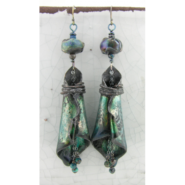 Artisan made teal black enamel on copper earrings sterling silver chrysocolla