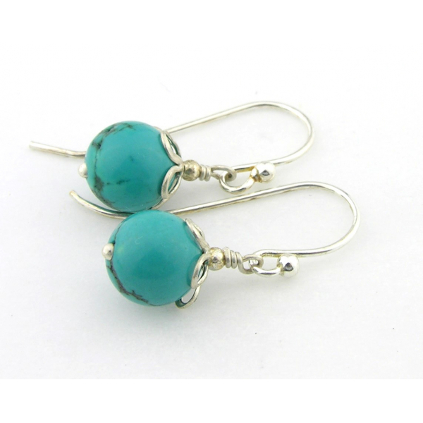 Artisan short turquoise earrings with sterling silver petals