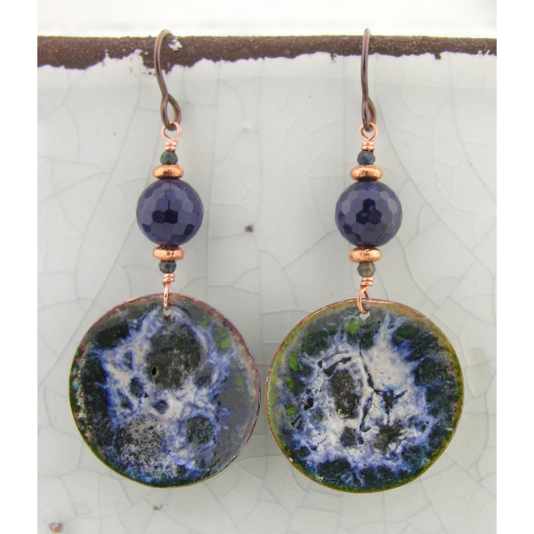 Artisan blue white black green crackle enamel copper sodalite earrings