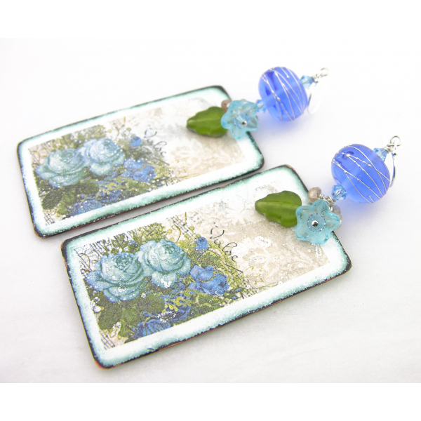 blue roses bouquet on ivory beige enamel on copper, lampwork, vintage feel earri