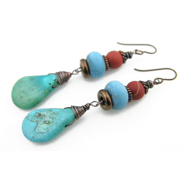 Handmade earrings with turquoise red jasper lampwork copper