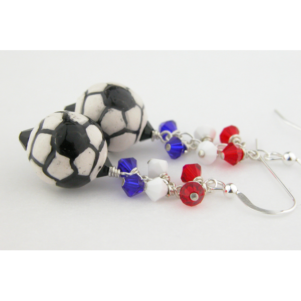 Handmade soccer earrings red white blue usa france futbal sterling