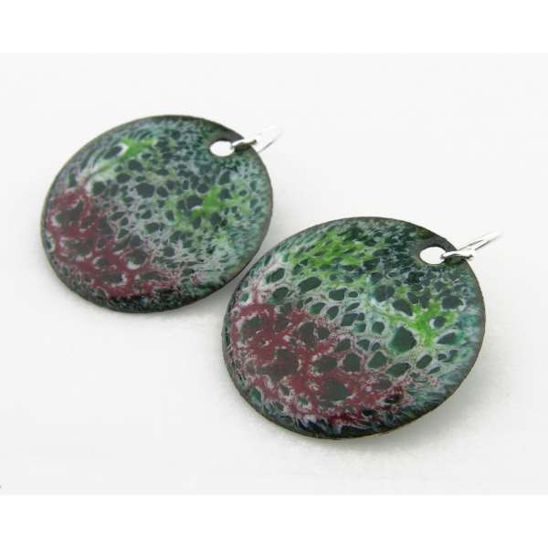 Artisan made red green white enamel on copper disks earrings in sterling silver