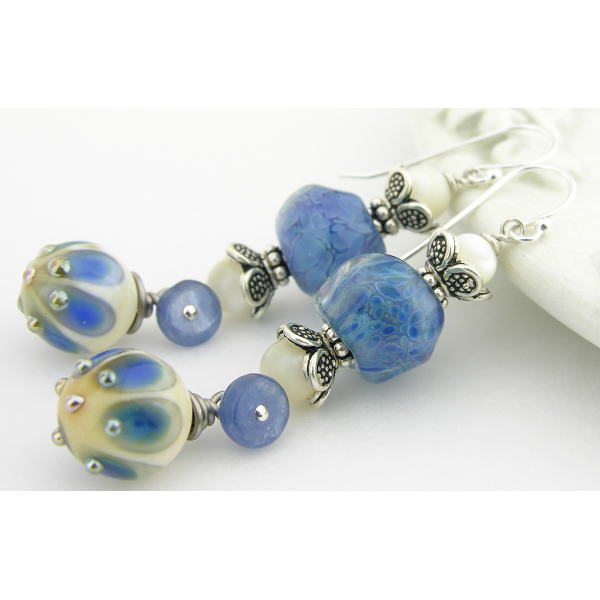 Handmade blue earrings with blue peacock lampwork glass, kyanite, sterling