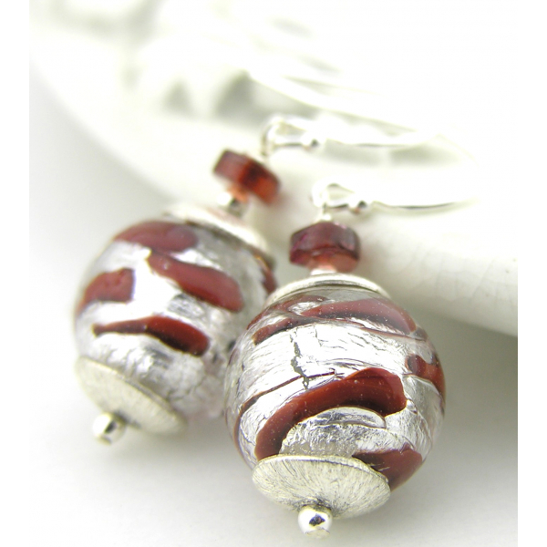 Artisan made red silver sterling earrings with Venetian glass garnet