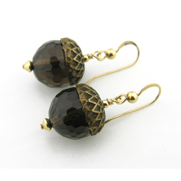 Handmade earrings with faceted smoky quartz acorn gold fill fall autumn