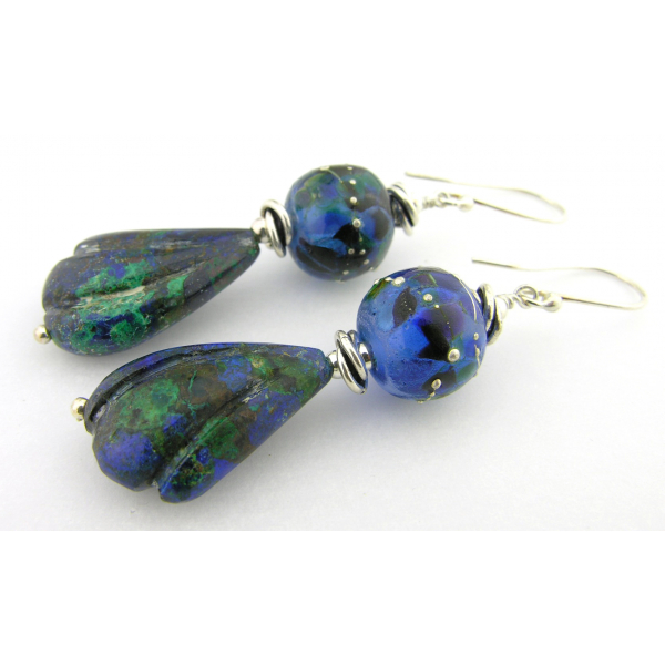 Handmade blue earrings with blue green lampwork glass, azurite wing, sterling