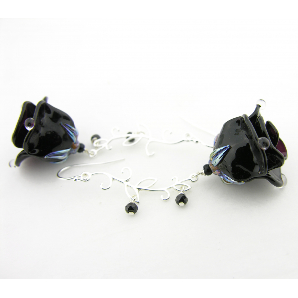 Handmade earrings with black glass roses, black spinel, sterling silver vines