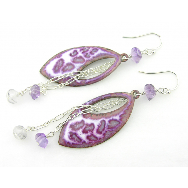 Purple, white enamel on copper drop earrings, amethyst and quartz chain dangles