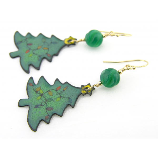 Artisan made green enamel on copper tree earrings gold fill carved onyx