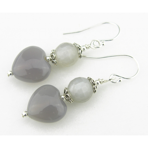 Handmade artisan earrings chalcedony heart grey quartz sterling silver