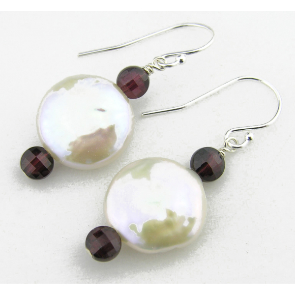 Pearls and Garnets Earrings - Freshwater coin pearl garnet sterling silver