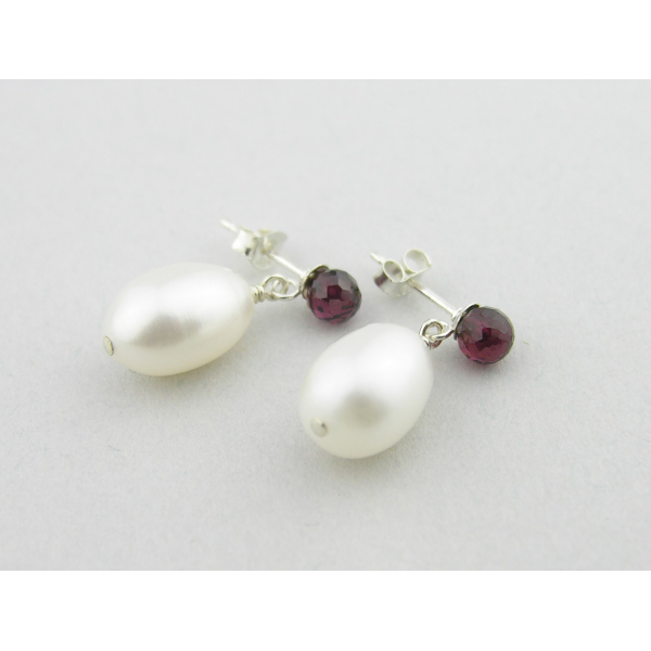 Handmade post earrings with AAA grade red garnet pearls sterling silver settings