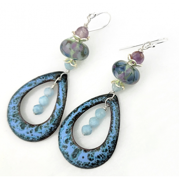 Artisan made teal blue enamel on copper earrings aquamarine gemstones sterling