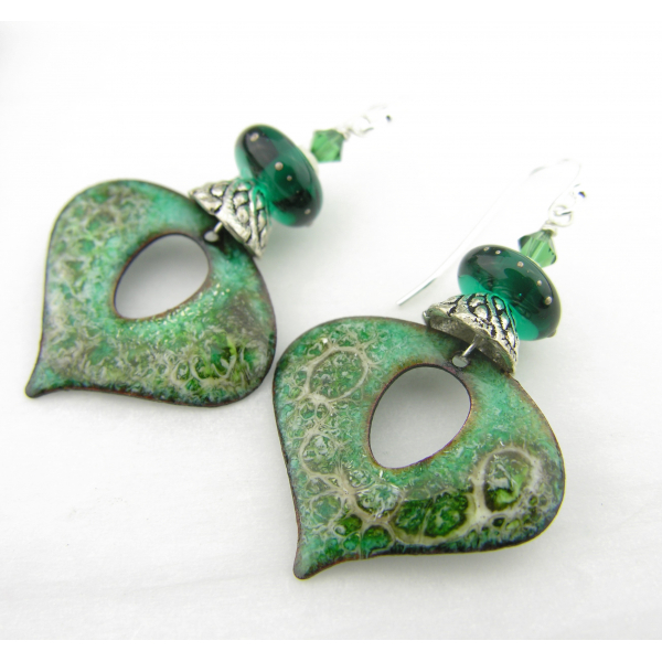 Artisan made green white enamel on copper earrings river stone lampwork sterling