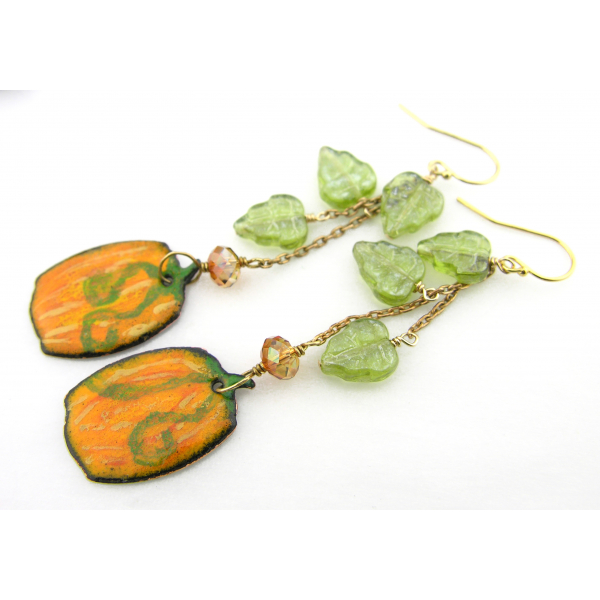 Handmade artisan autumn earrings with orange pumpkins and green leaves gold fill