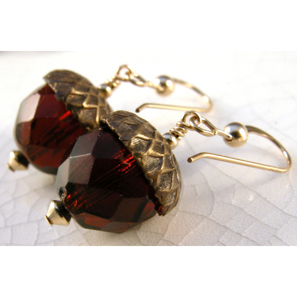 Handmade earrings with dark brown Czech glass acorn gold fill fall autumn