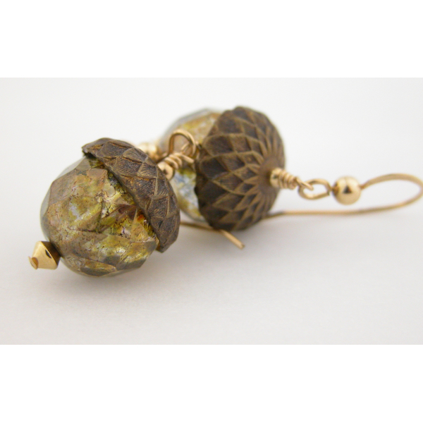 Handmade earrings with golden Czech glass acorn gold fill fall autumn