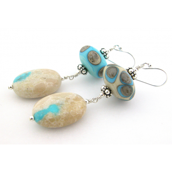 Hand made ivory white turquoise dotted lampwork glass ribbon turquoise sterling