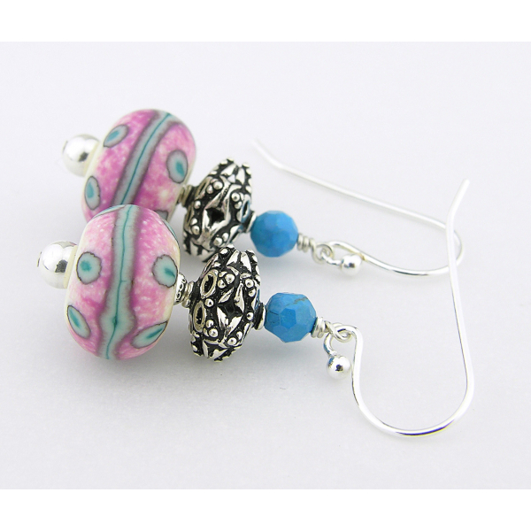Handmade pink, white, turquoise earrings with lampwork, turquoise, sterling