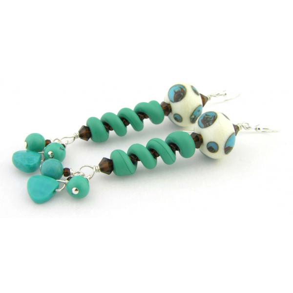 Handmade ivory turquoise brown earrings spiral dots lampwork turquoise sterling