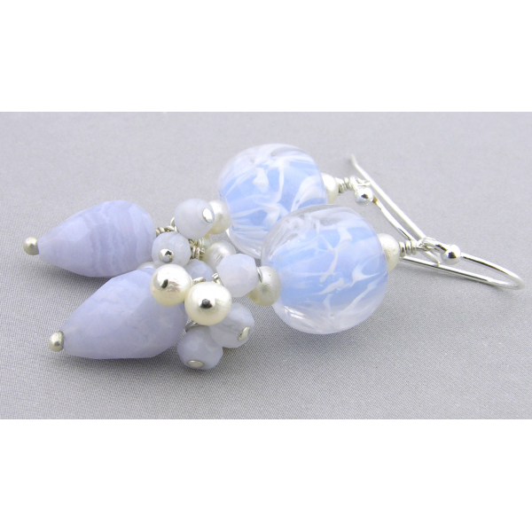 Handmade blue earrings with light blue lace agate lampwork, pearls, sterling