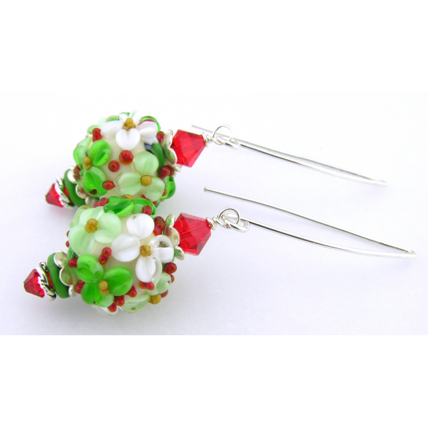 Handmade red green Christmas floral earrings with lampwork, crystals, sterling