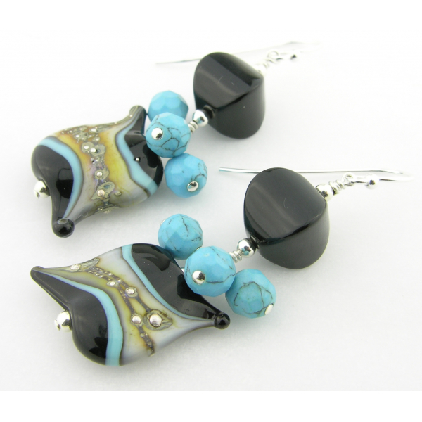 Handmade turquoise black lampwork gemstone earrings with onyx turquoise sterling
