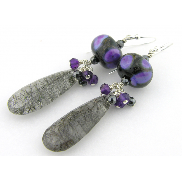 Handmade earrings purple black lampwork amethyst rutilated quartz sterling