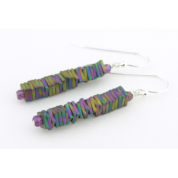 Handmade rainbow column earrings with titanium coated pyrite gemstones sterling