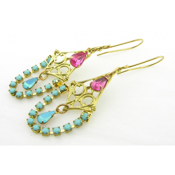 Artisan made turquoise pink rhinestone chandelier brass earrings