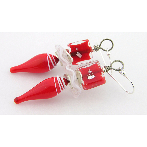 Artisan made red white sterling silver earrings with lampwork Venetian glass