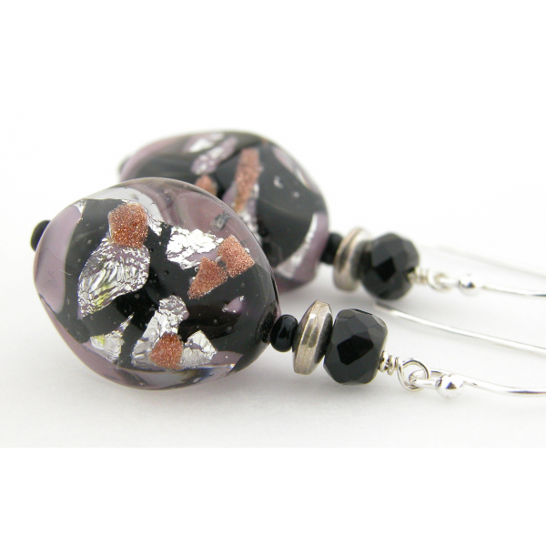 Handmade necklace earrings set with black purple Venetian bead onyx  sterling