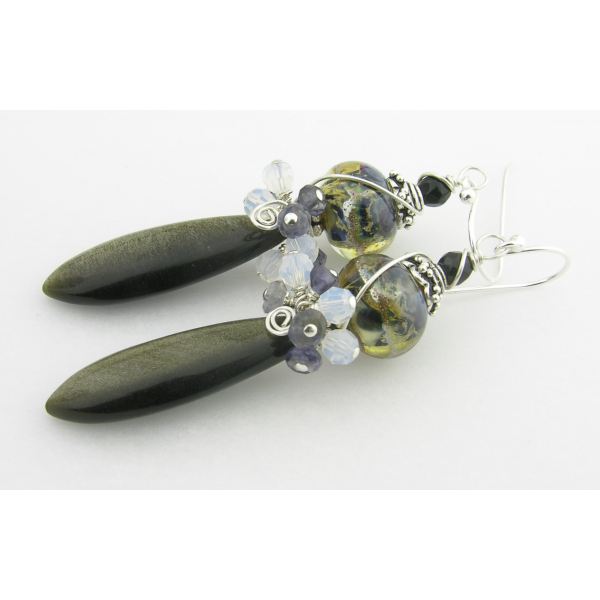 Handmade blue black gold earrings with golden obsidian lampwork iolite sterling