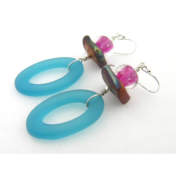 Handmade turquoise pink aqua copper earrings lampwork raku porcelain sterling