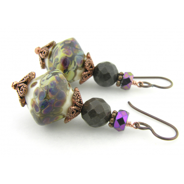 Handmade purple brown ivory earrings, lampwork petrified wood copper