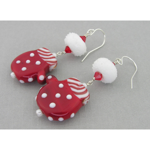 Artisan made red white sterling silver earrings with mitten snowball lampwork