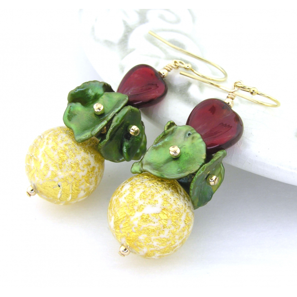 Artisan made red green gold earrings with Venetian beads keshi pearls